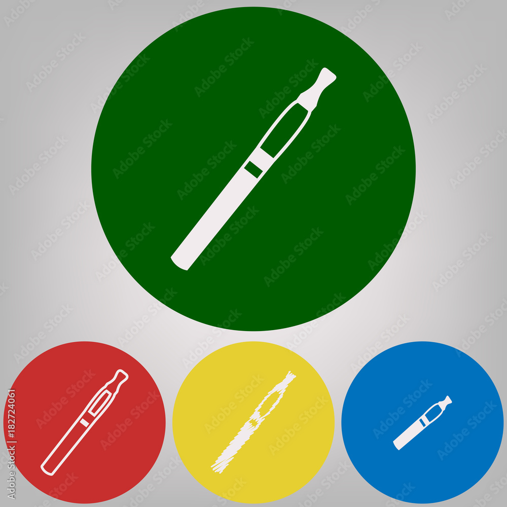 E-cigarette sign. Vector. 4 white styles of icon at 4 colored circles on light gray background. E-cigarette sign. Vector. 4 white styles of icon at 4 colored circles on light gray background.