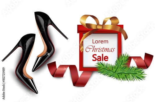 Black Stiletto shoes Sales. Vector realistic illustration. Christmas gift cards