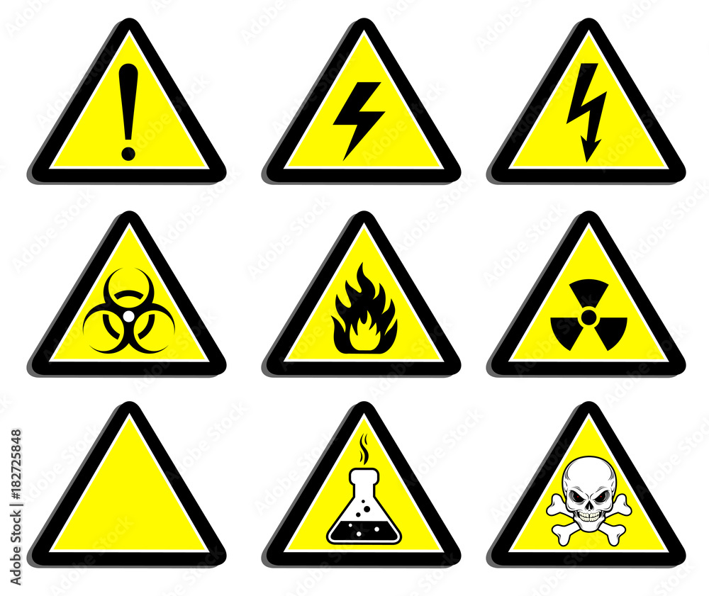 A set of signs warning of the danger. Stickers, labels, badges