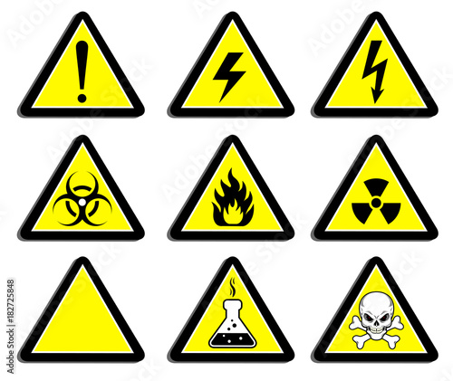 A set of signs warning of the danger. Stickers, labels, badges