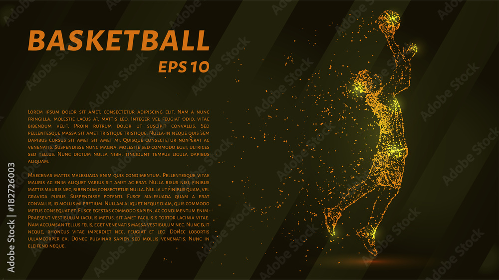 Obraz premium Basketball which is composed of pixels. Particles in the form of a basketball player on a dark background. Vector illustration. Graphic concept of basketball