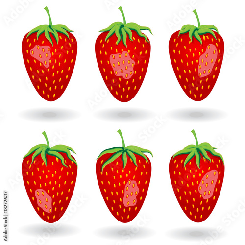 Six berries of strawberries under different lighting angle cast shadows