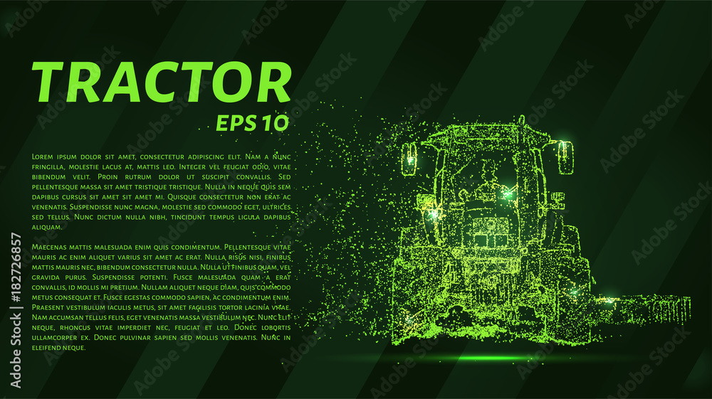 Fototapeta premium The tractor which consists of points. Particles in the form of a tractor on a dark background. Vector illustration. Graphic concept of the agricultural business.