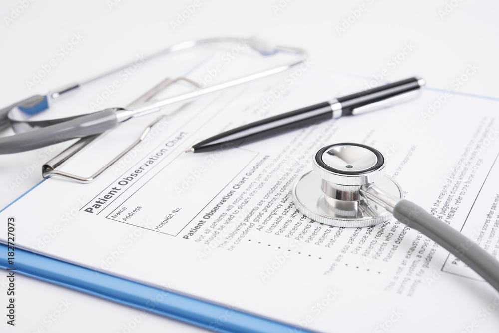 stethoscope with prescription paper form on white desk office hospital. stethoscope with prescription paper form on white desk office hospital.