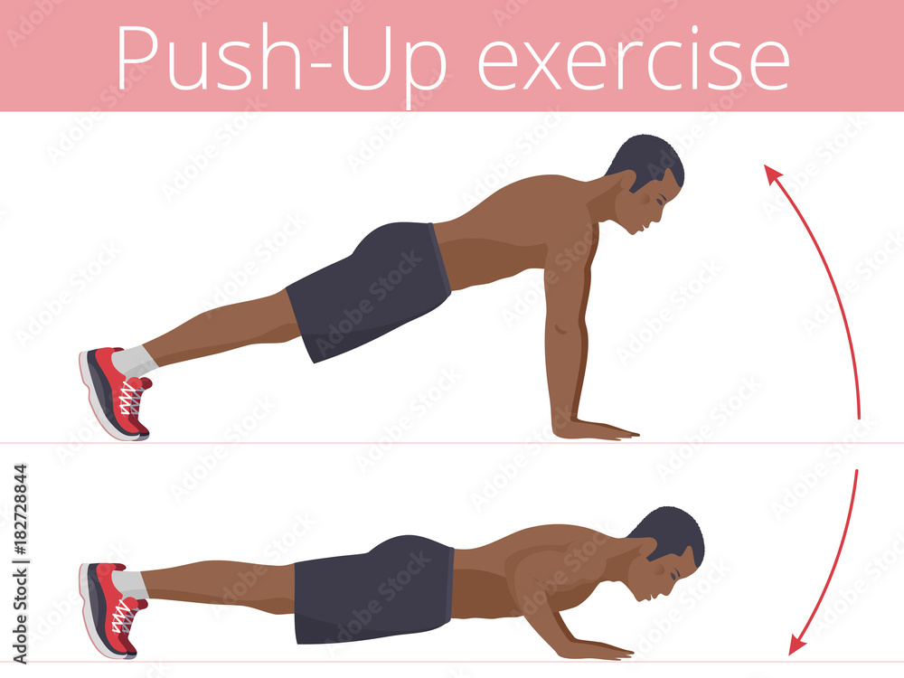 The sporty afro-american man in the sportswear is doing the push-up  exercise. Flat illustration of young strong boy training in push up. Vector  active people set for sport, fitness design, infographic Stock