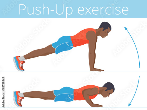 The active afroamerican man in the sportswear is doing the push up exercise. Flat illustration of young strong boy training in push-up. Vector active people set for sport, fitness design, infographic.