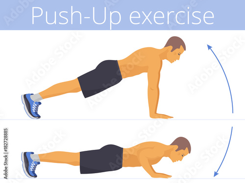 The sporty caucasian man in the sportswear is doing the push-up exercise. Flat illustration of young strong boy training in push up. Vector active people set for sport, fitness design, infographic.
