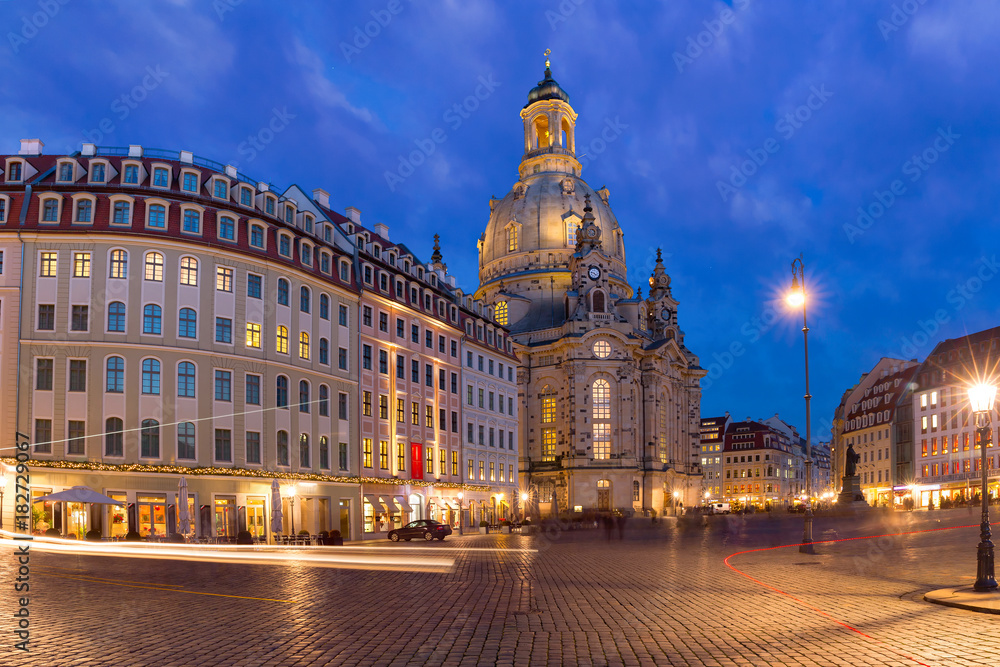 Lutheran church of Our Lady aka Frauenkirche with market place at night in Dresden, Saxony, Germany