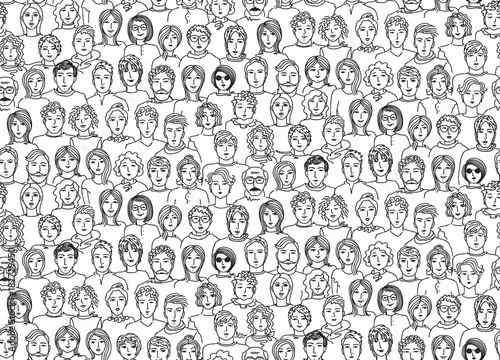 Seamless pattern, in the form of contour different faces of men and women. Vector background.