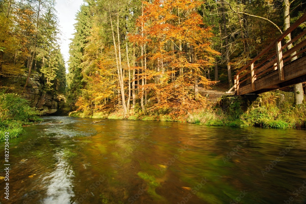 Autumn colors river with wood bridge