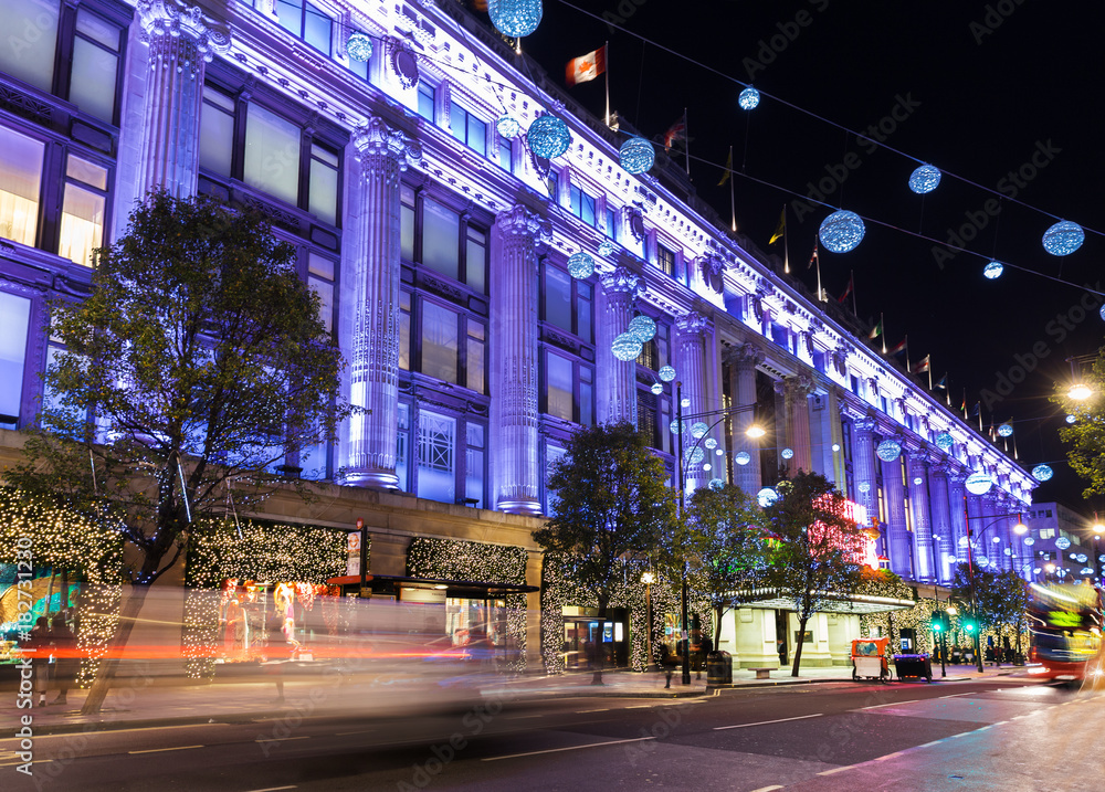 Uk, England, London Oxford street shops Christmas illumination lights decorated for New Year 2015