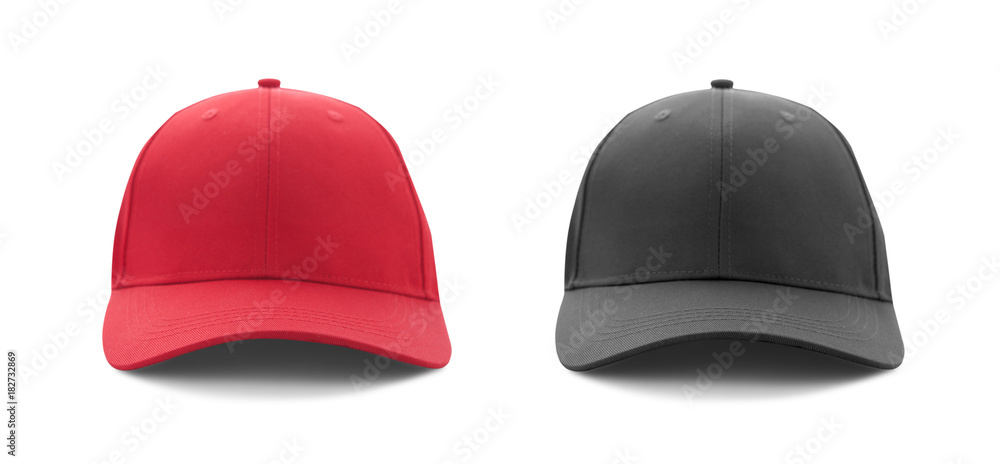 Baseball cap red and black templates, front views isolated on white background - obrazy, fototapety, plakaty 