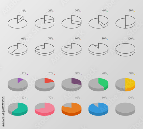 Set of outline and flat style isometric pie charts