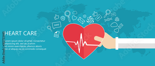 Heart care concept. Medicine and health care icon. Hands holding heart with pulse sign. Flat vector illustration.