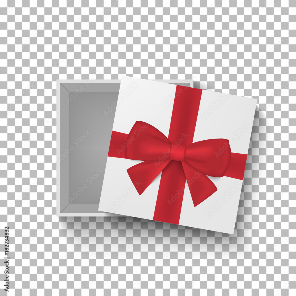 Open gift box with red bow and ribbon on transparent background. Top view. Vector illustration Open gift box with red bow and ribbon on transparent background. Top view. Vector illustration