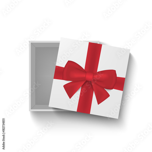 Open gift box with red bow and ribbon. Top view. Vector illustration