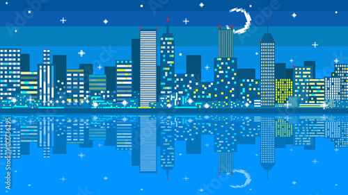 Pixel art night city card. Vector illustration