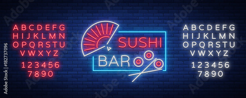Sushi logo in neon style. Bright neon sign with text is isolated. Bright billboard billboard, restaurant advertising bar of Japanese food sushi. Vector illustration. Editing text neon sign