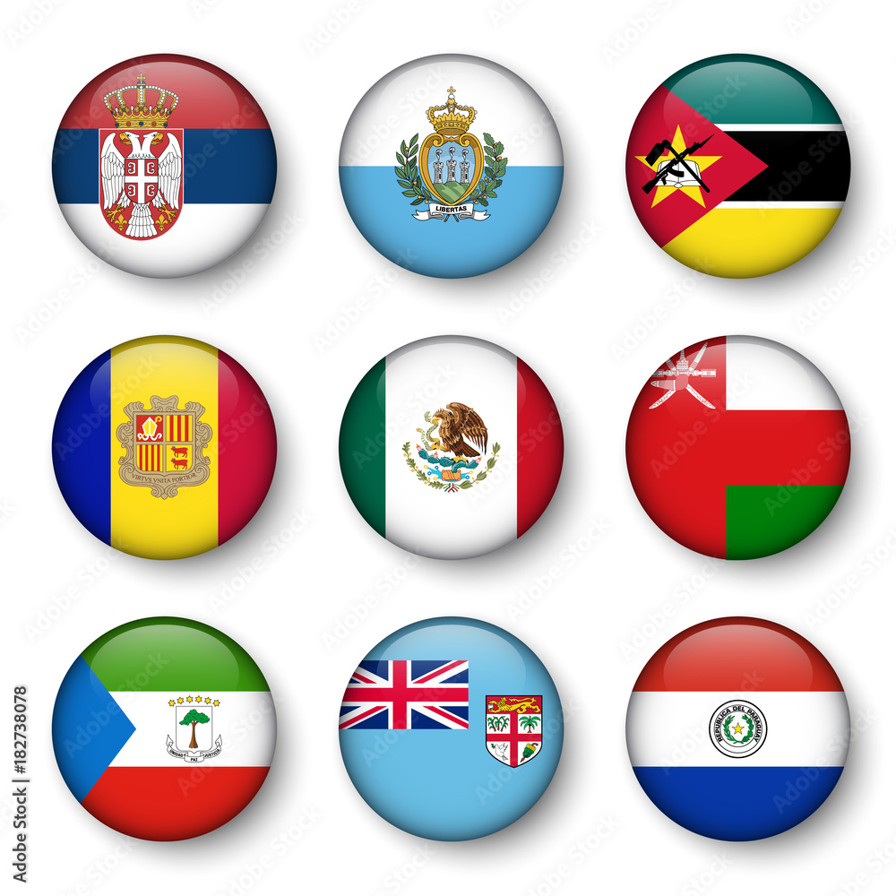 Set of world flags round badges ( Serbia . San marino . Mozambique . Andorra . Mexico . Oman . Equatorial Guinea . fiji . Paraguay )