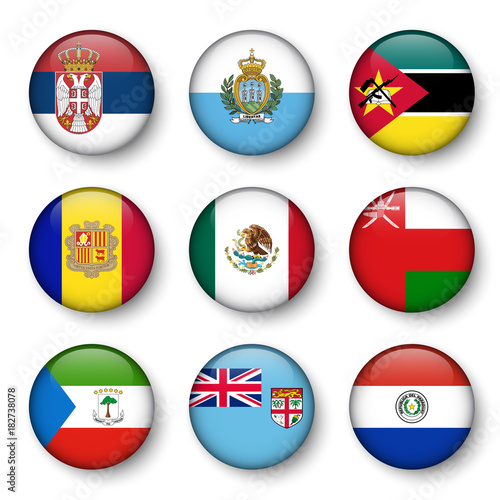 Set of world flags round badges ( Serbia . San marino . Mozambique . Andorra . Mexico . Oman . Equatorial Guinea . fiji . Paraguay )
