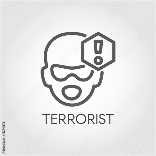 Linear icon of terrorism concept. Sign of abstract mans face and exclamation mark. Dangerous gangster, bandit, killer label. Warning symbol. Vector outline pictograph
