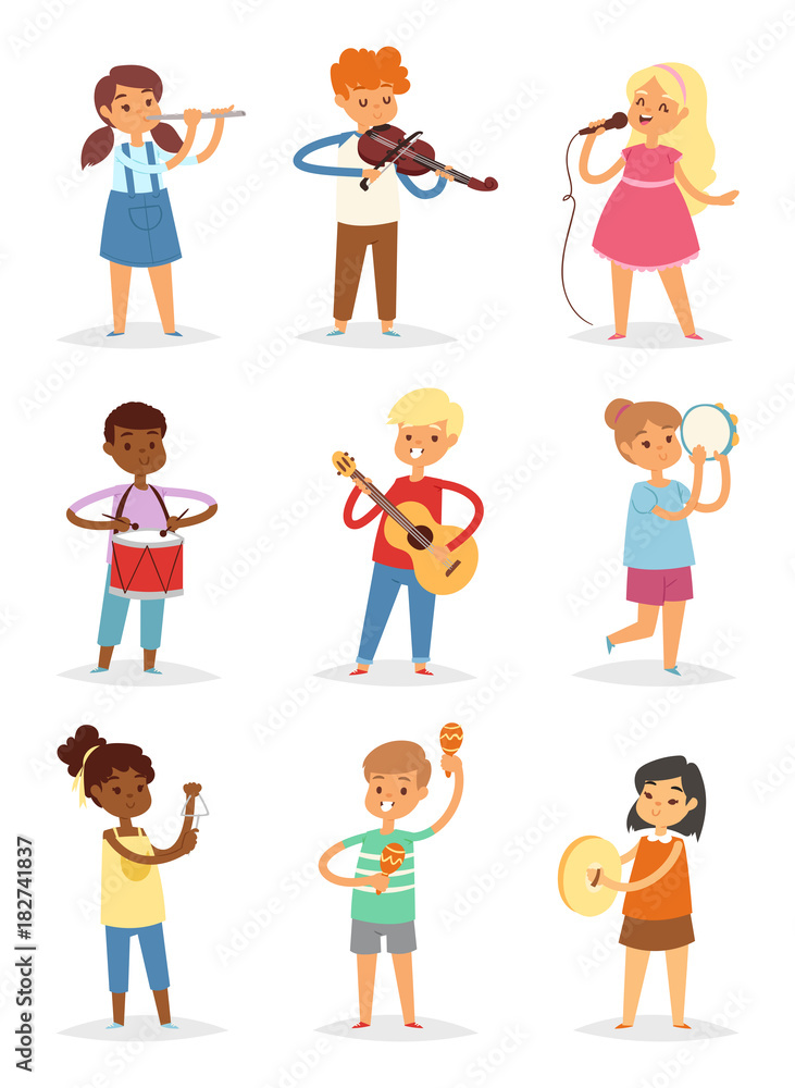 Music kids vector cartoon characters set of children singing or playing  musical instruments guitar, violin and flute in childhood kiddy  illustration isolated on white background Stock Vector | Adobe Stock
