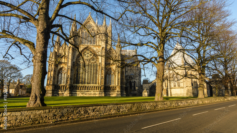 East Facade of Lincoln Cathedral behind Bare Winter Trees, View From Priory Gate Street, Horizontal Photography