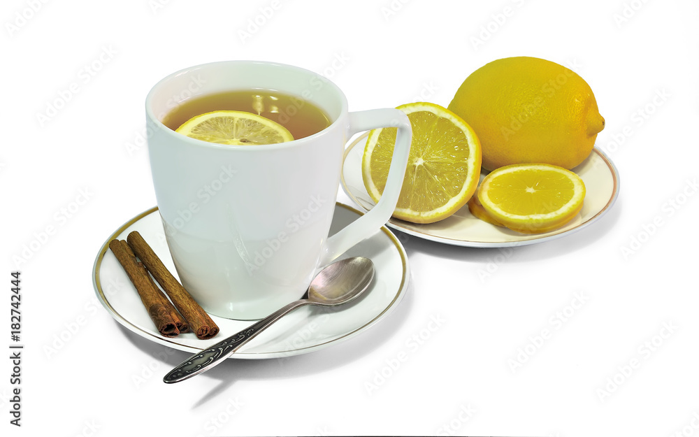 Cup of aromatic cinnamon tea with lemon isolated on white Cup of aromatic cinnamon tea with lemon isolated on white