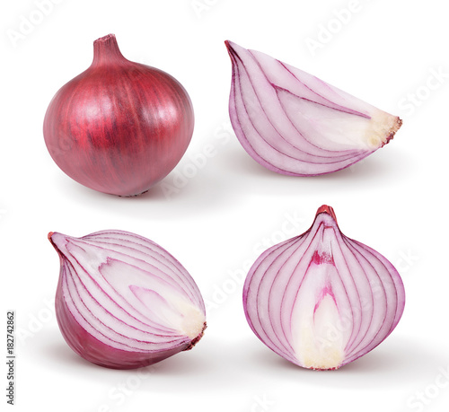 Red onion isolated on white background. Collection.