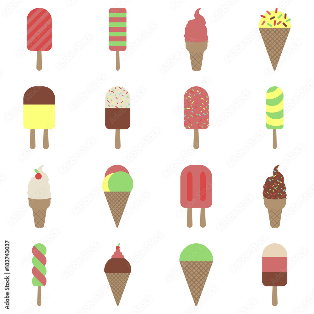 Flat simple image with ice cream set isolated on white background. Colorful outline collection of cold desserts. Vector illustration with waffle cones and wooden sticks. Card with dairy products. Flat simple image with ice cream set isolated on white background. Colorful outline collection of cold desserts. Vector illustration with waffle cones and wooden sticks. Card with dairy products.