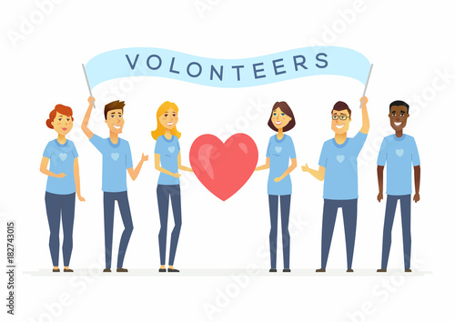 Happy volunteers with a banner - cartoon people characters isolated illustration