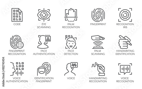 Line icons of identity biometric verification sign. 15 web label of authentication technology in mobile phones, smartphones and other devices. Vector logo or button isolated on white background photo