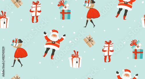 Hand drawn vector abstract fun Merry Christmas time cartoon illustrations seamless pattern with people,kids,dog,Santa Claus and surprise gift boxes isolated on snow blue background