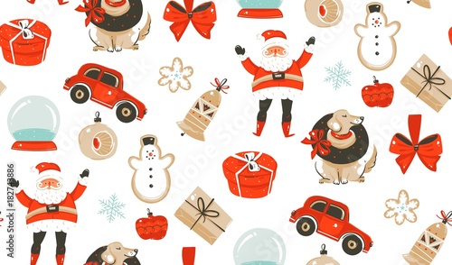Hand drawn vector abstract fun cartoon classic Merry Christmas time illustrations decoration seamless pattern with surprise gift boxes,dog,Santa Claus and snow ball isolated on white background