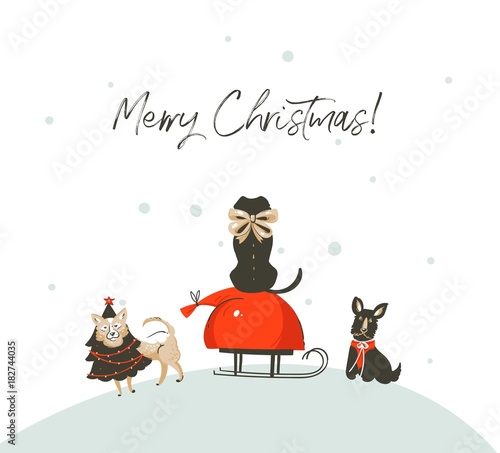 Hand drawn vector abstract fun cartoon Merry Christmas time illustration greeting card with mammal dogs outdoor on sleigh and modern typography Merry Christmas isolated on white background