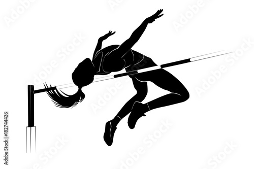 Vector silhouette female athlete jumping over the bar. High jump athletic competition background