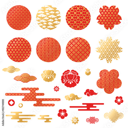 Chinese and japanese decorative icons, clouds, flowers