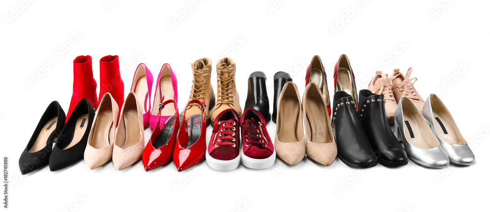 Different female shoes on white background - obrazy, fototapety, plakaty 