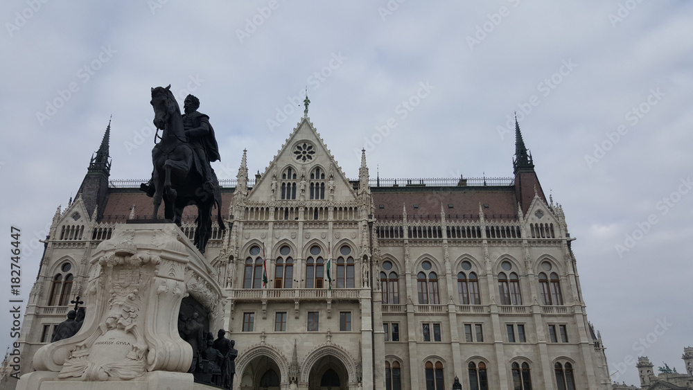 11-21-2017 budapest hungary horse rider statue in front of a castle