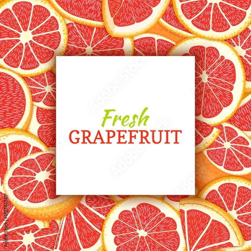 Square white label on citrus red grapefruit background. Vector card illustration. Tropical fresh and juicy pomelo closely spaced background for design of packaging juice breakfast