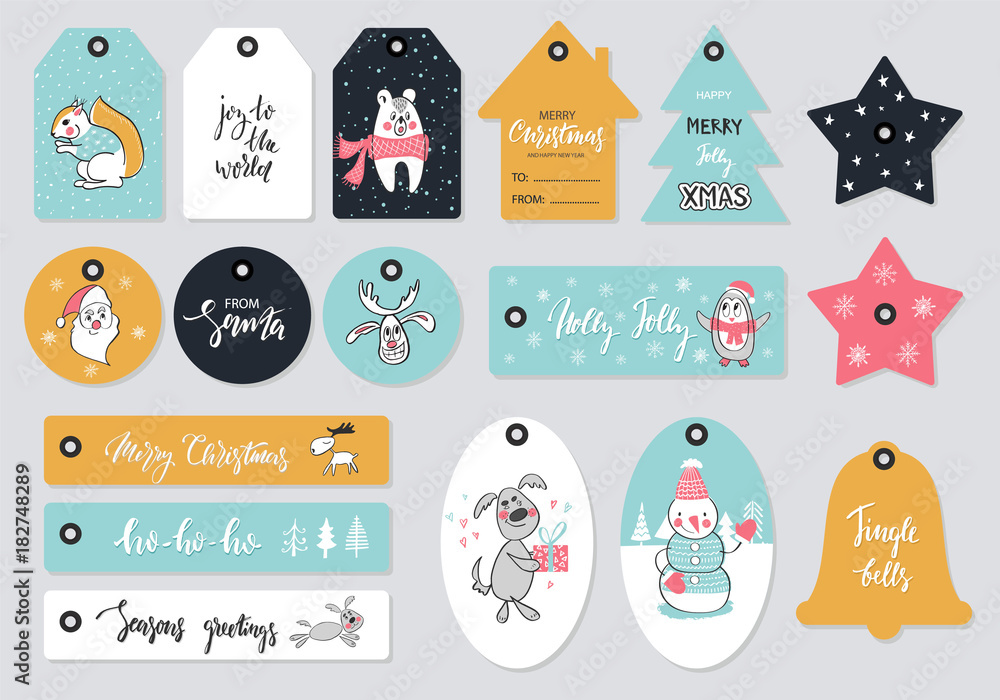 Set of Christmas tags with hand drawn decoration elements. Vector illustration.