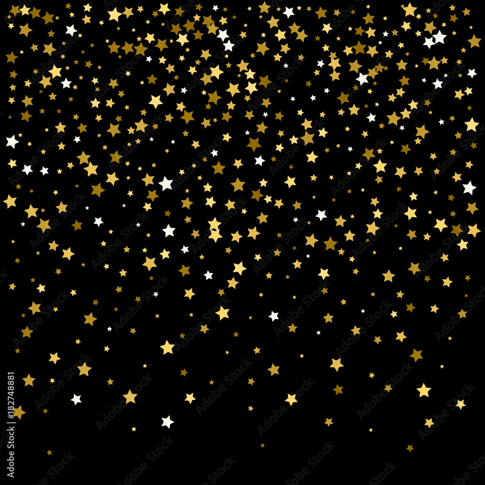 Abstract pattern of random falling gold stars on black background. Glitter pattern for banner, greeting card, Christmas and New Year card, invitation, postcard, paper packaging. Vector illustration. Abstract pattern of random falling gold stars on black background. Glitter pattern for banner, greeting card, Christmas and New Year card, invitation, postcard, paper packaging. Vector illustration.