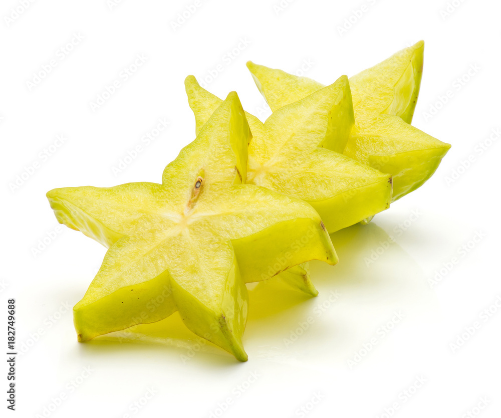Sliced carambola isolated on white background three star slices. Sliced carambola isolated on white background three star slices.