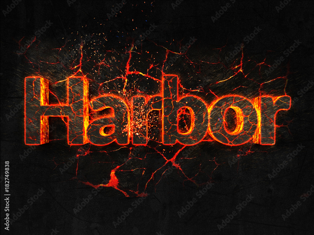 Harbor Fire text flame burning hot lava explosion background.