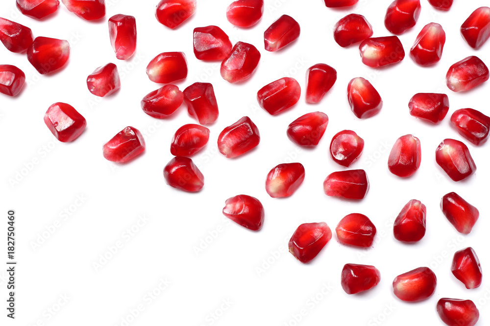 pomegranate seeds isolated on white background. top view. pomegranate berries. pomegranate seeds isolated on white background. top view. pomegranate berries.