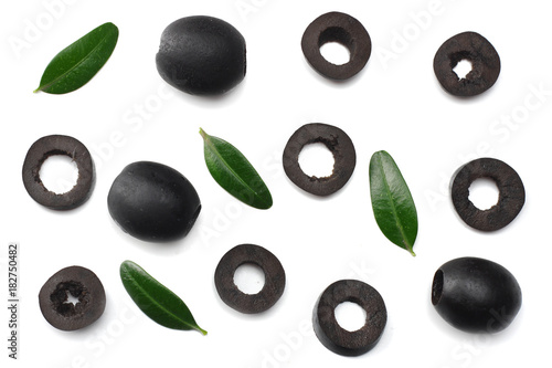 Marinated slices black olives isolated on white background. top view