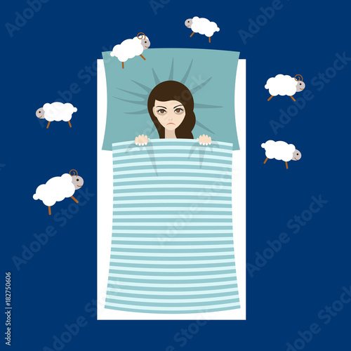 Woman with sleep problems and insomnia symptoms versus good sleep man.Flat  illustration.