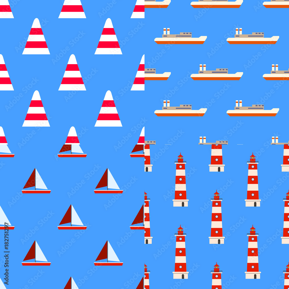Fototapeta premium Set of marine nautical seamless patterns Good for textile fabric or paper print. Flat design, vector illustration EPS10