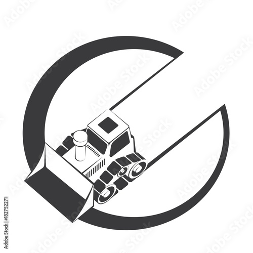 Illustration consisting of an image of a bulldozer in the form of a logo