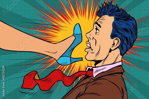 girl power, woman fights with a man. Gender conflicts and inequa